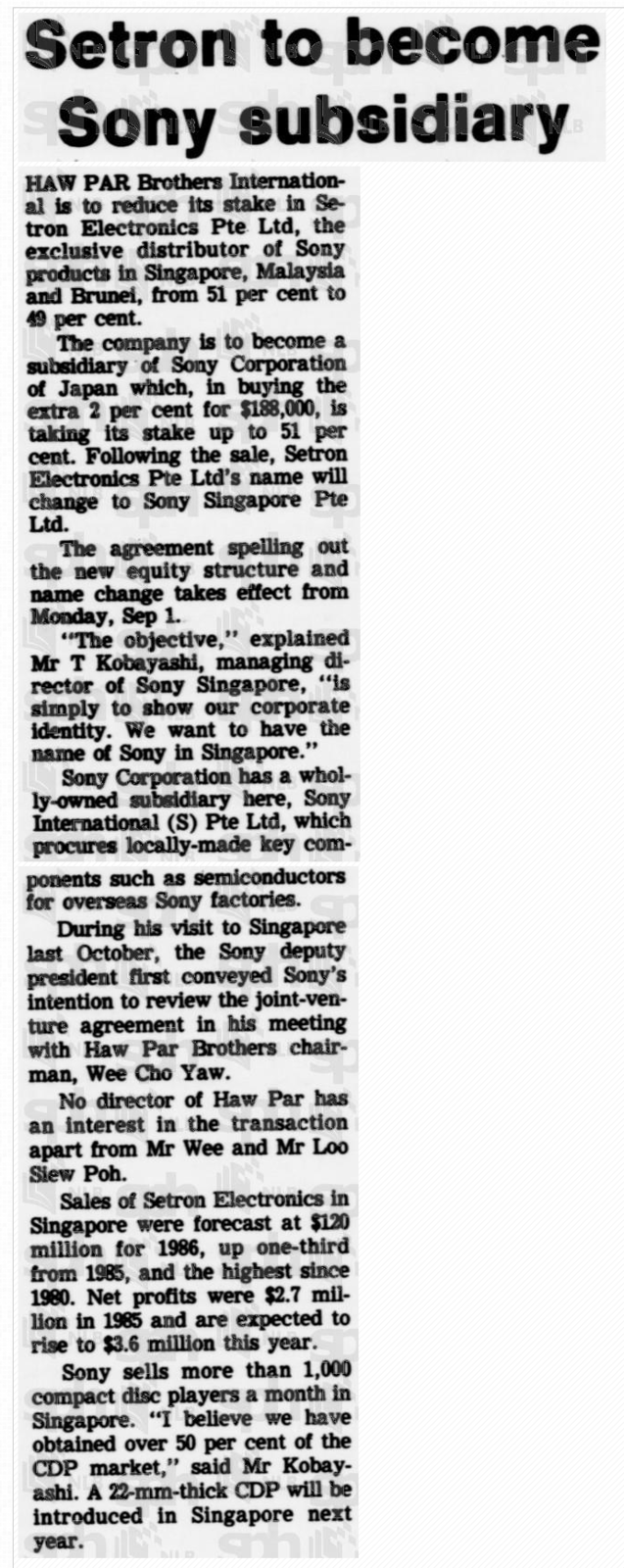 Setron to become Sony subsidiary 1986.png