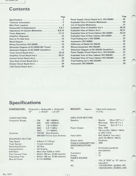 JVC RC 550 JW Service Manual Specifications